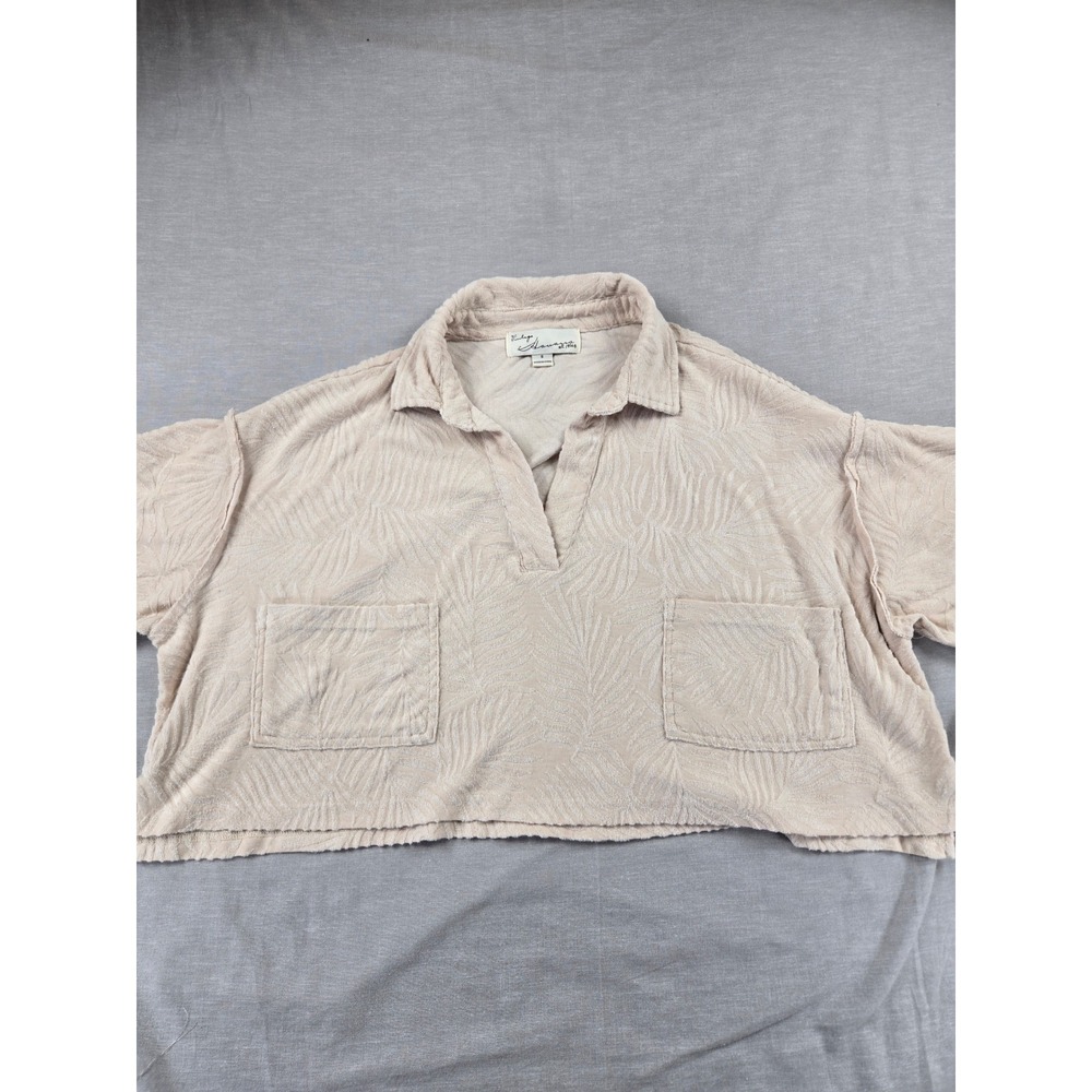 Vintage Havana Womens Beige Terry Cloth Palm Leaf Cropped Polo Top B10132 Small